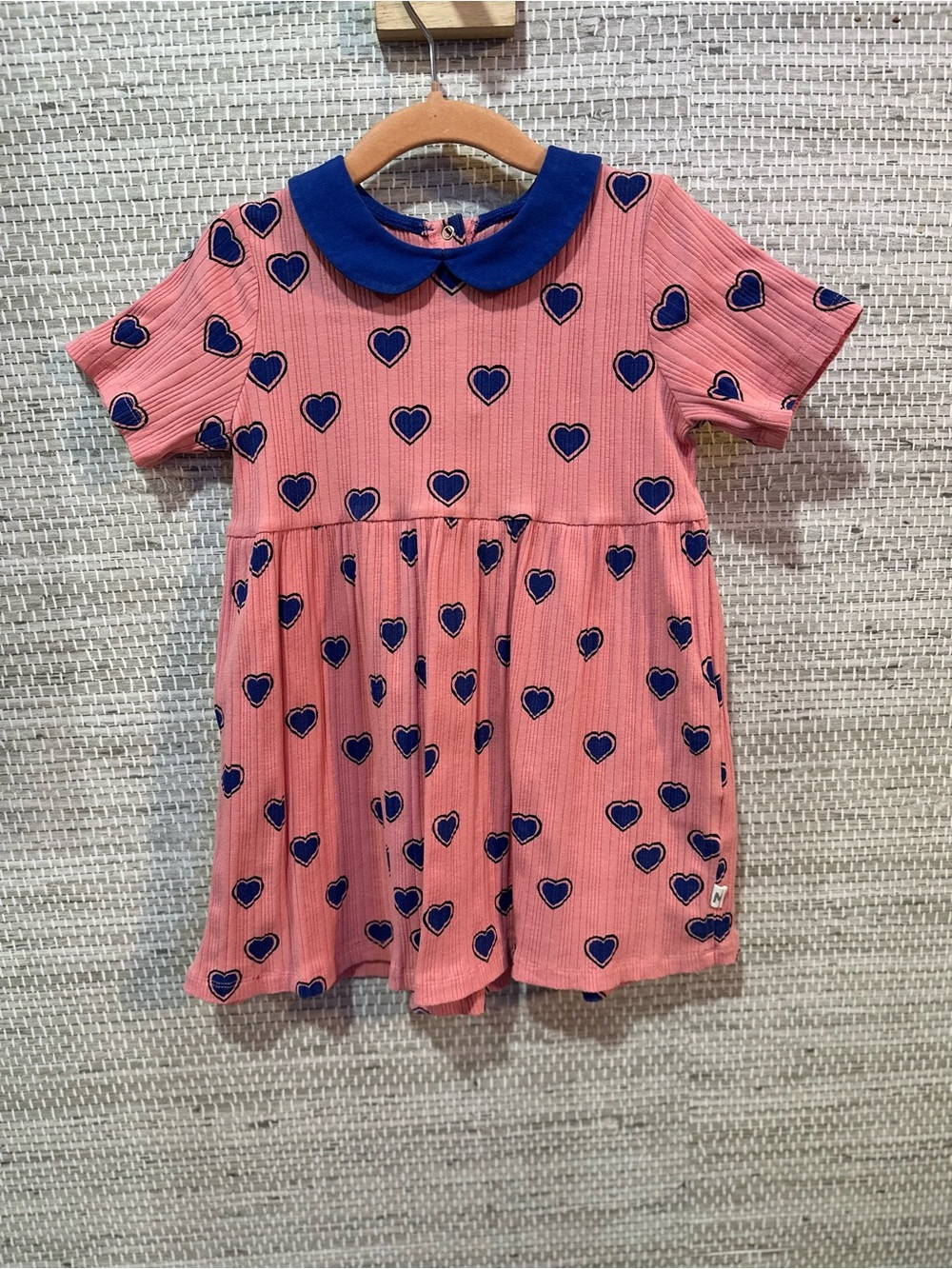 Mini Rodini Pink Heart Print Kids Dress with Blue Collar 2-3 T